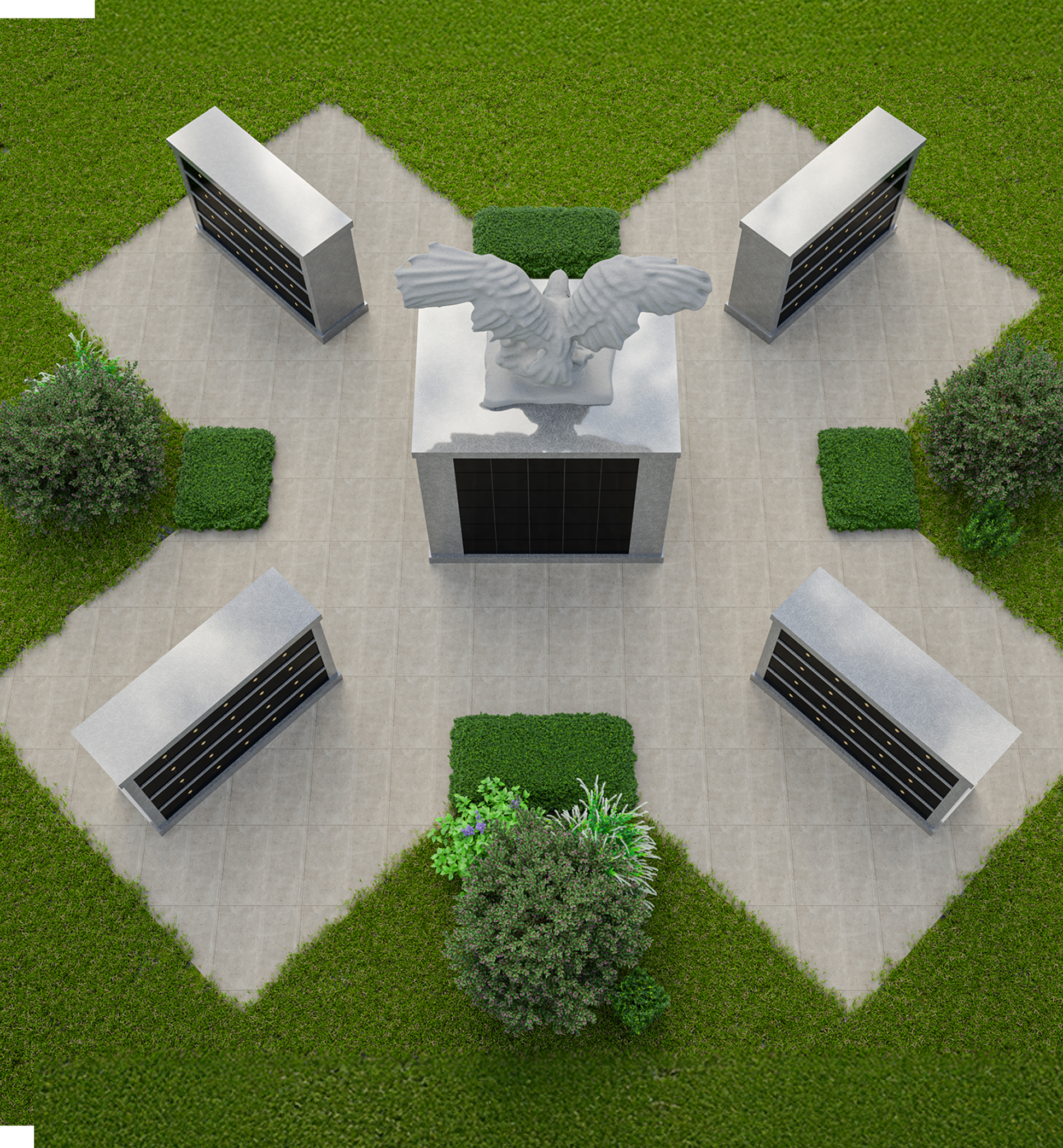 Peaceful columbarium niche gardens for cremated remains with landscaping